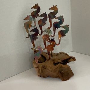 Gorgeous Vintage Metal Sculpture Seahorses on Driftwood Base